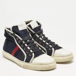 Gucci Navy Blue/White Canvas and Leather Web Detail High Top Sneakers Size 43