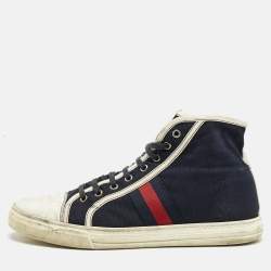 Gucci Navy Blue/White Canvas and Leather Web Detail High Top Sneakers Size 43