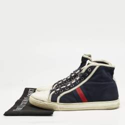 Gucci Navy Blue/White Canvas and Leather Web Detail High Top Sneakers Size 43