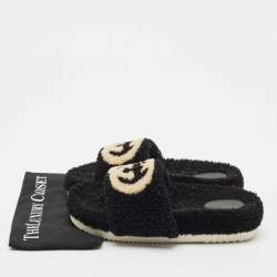 Gucci Black Shearling GG Flat Slides Size 42