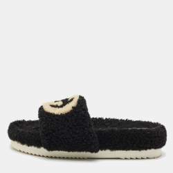Gucci Black Shearling GG Flat Slides Size 42