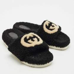 Gucci Black Shearling GG Flat Slides Size 42