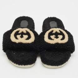 Gucci Black Shearling GG Flat Slides Size 42
