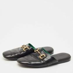 Gucci Black Leather Horsebit Flat Slides Size 41