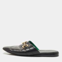Gucci Black Leather Horsebit Flat Slides Size 41