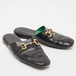 Gucci Black Leather Horsebit Flat Slides Size 41