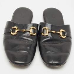 Gucci Black Leather Horsebit Flat Slides Size 41