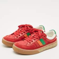Gucci Red Leather and Nylon SS Stripe Lace Up Sneakers Size 38.5