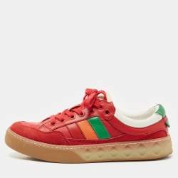 Gucci Red Leather and Nylon SS Stripe Lace Up Sneakers Size 38.5