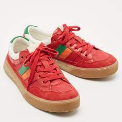 Gucci Red Leather and Nylon SS Stripe Lace Up Sneakers Size 38.5