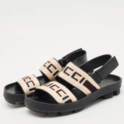 Pre Owned Gucci Beige/Black Stripe Logo Nylon and Leather Flat Sandals Size 40