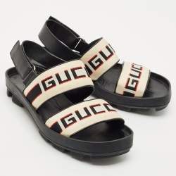 Pre Owned Gucci Beige/Black Stripe Logo Nylon and Leather Flat Sandals Size 40