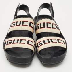 Pre Owned Gucci Beige/Black Stripe Logo Nylon and Leather Flat Sandals Size 40