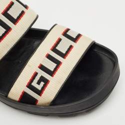 Pre Owned Gucci Beige/Black Stripe Logo Nylon and Leather Flat Sandals Size 40