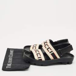 Pre Owned Gucci Beige/Black Stripe Logo Nylon and Leather Flat Sandals Size 40