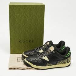 Pre Owned Gucci Black/Green Leather and Nylon Basket Low Top Sneakers Size 46.5