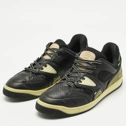 Pre Owned Gucci Black/Green Leather and Nylon Basket Low Top Sneakers Size 46.5