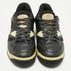 Pre Owned Gucci Black/Green Leather and Nylon Basket Low Top Sneakers Size 46.5