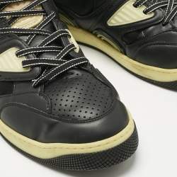 Pre Owned Gucci Black/Green Leather and Nylon Basket Low Top Sneakers Size 46.5