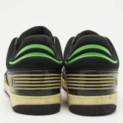 Pre Owned Gucci Black/Green Leather and Nylon Basket Low Top Sneakers Size 46.5