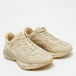 Pre Owned Gucci Off White Leather Distressed Rhyton Sneakers Size 46.5