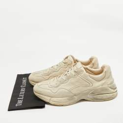 Pre Owned Gucci Off White Leather Distressed Rhyton Sneakers Size 46.5