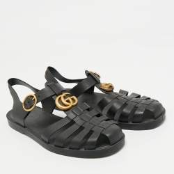 Pre Owned Gucci Black Rubber GG Marmont and Tiger Embellished Buckle Strap Flat Sandals Size 41