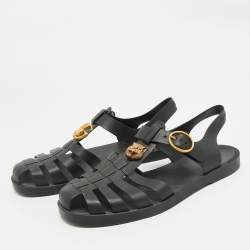 Pre Owned Gucci Black Rubber GG Marmont and Tiger Embellished Buckle Strap Flat Sandals Size 41