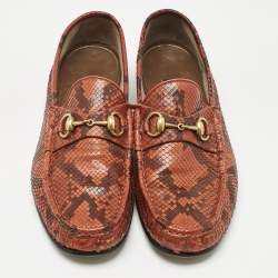 Pre Owned Gucci Orange/Brown Python Horsebit Slip On Loafers Size 42.5 