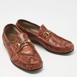 Pre Owned Gucci Orange/Brown Python Horsebit Slip On Loafers Size 42.5 