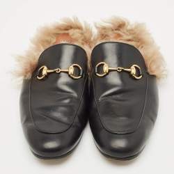 Pre Owned Gucci Black Leather and Fur Princetown Flat Mules Size 43