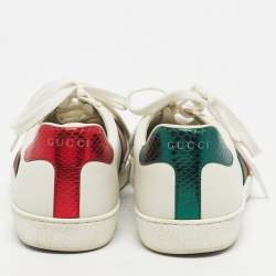 Pre Owned Gucci White Leather Embroidered Bee Web Ace Sneakers Size 40.5