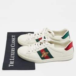 Pre Owned Gucci White Leather Embroidered Bee Web Ace Sneakers Size 40.5