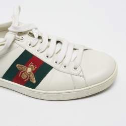 Pre Owned Gucci White Leather Embroidered Bee Web Ace Sneakers Size 40.5