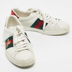 Pre Owned Gucci White Leather Embroidered Bee Web Ace Sneakers Size 40.5