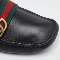 Pre Owned Gucci Black Leather GG Marmont Web Detail Slip On Loafers Size 38.5