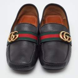 Pre Owned Gucci Black Leather GG Marmont Web Detail Slip On Loafers Size 38.5
