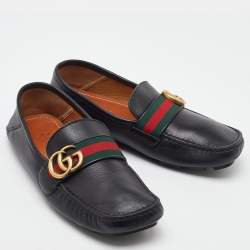 Pre Owned Gucci Black Leather GG Marmont Web Detail Slip On Loafers Size 38.5