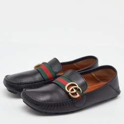 Pre Owned Gucci Black Leather GG Marmont Web Detail Slip On Loafers Size 38.5