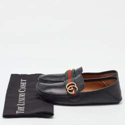 Pre Owned Gucci Black Leather GG Marmont Web Detail Slip On Loafers Size 38.5