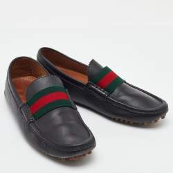 Pre Owned Gucci Black Leather Web Detail Slip On Loafers Size 39.5