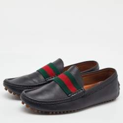 Pre Owned Gucci Black Leather Web Detail Slip On Loafers Size 39.5