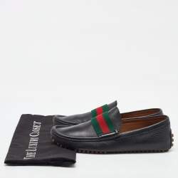 Pre Owned Gucci Black Leather Web Detail Slip On Loafers Size 39.5