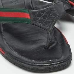 Pre Owned Gucci Black GG Leather Web Detail Thong Flat Sandals Size 44