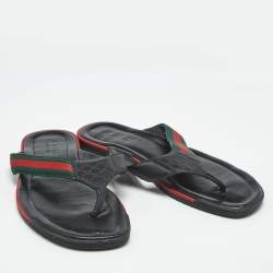 Pre Owned Gucci Black GG Leather Web Detail Thong Flat Sandals Size 44