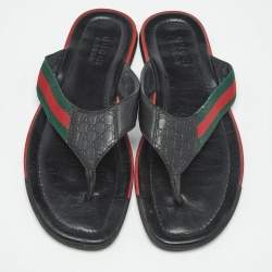 Pre Owned Gucci Black GG Leather Web Detail Thong Flat Sandals Size 44