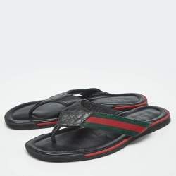 Pre Owned Gucci Black GG Leather Web Detail Thong Flat Sandals Size 44