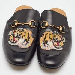 Pre Owned Gucci Black Leather Tiger Embroidered Princetown Horsebit Flat Mules Size 44