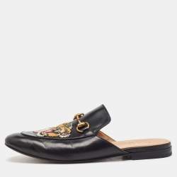 Pre Owned Gucci Black Leather Tiger Embroidered Princetown Horsebit Flat Mules Size 44