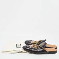 Pre Owned Gucci Black Leather Tiger Embroidered Princetown Horsebit Flat Mules Size 44